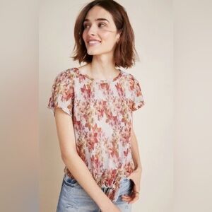Anthropologie Eva Franco Metallic Floral Tie-Front Short Sleeve Top Pink Multi M